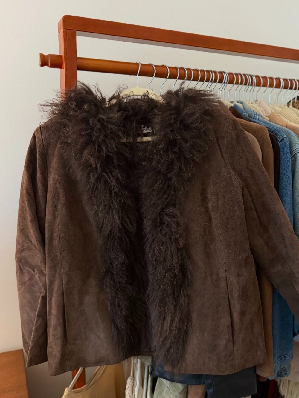 Vintage Chico’s Design Brown Suede Mongolian Fur Jacket Size 1